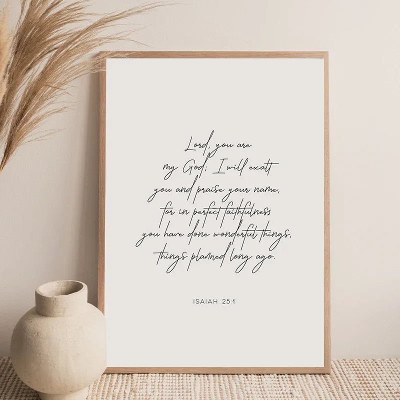 A framed canvas print featuring the Bible verse Isaiah 25:1 in elegant script on a light background.