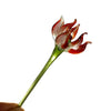 Handcrafted blue glass flower sculpture with reddish-orange petals on a green stem