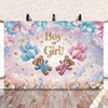 A gender reveal banner featuring pink and blue balloons and teddy bears against a soft pastel background.