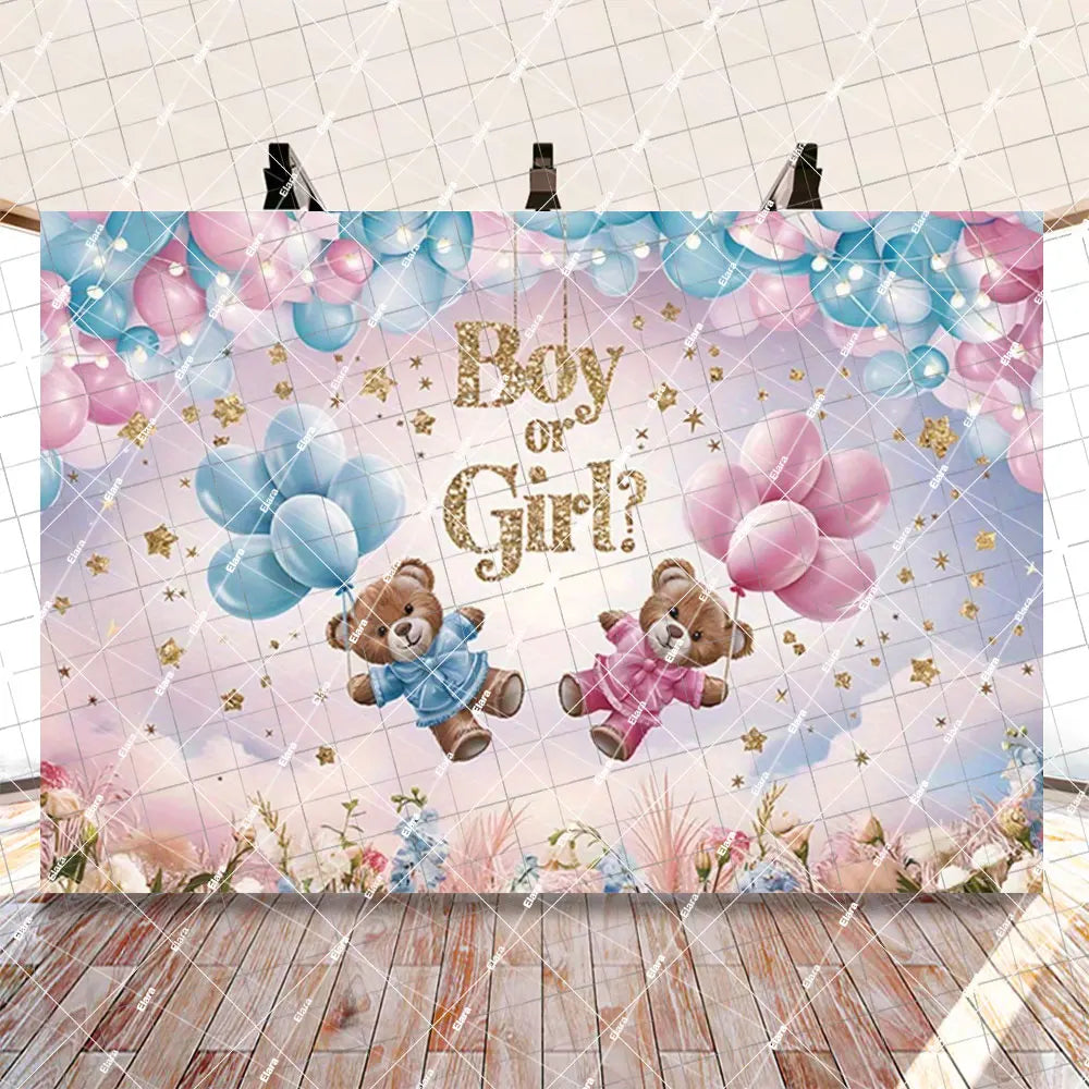 A gender reveal banner featuring pink and blue balloons and teddy bears against a soft pastel background.