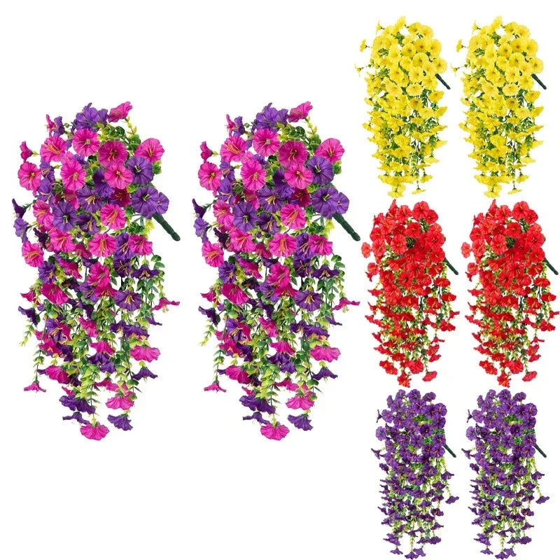 A collection of artificial morning glory hanging vines in various colors including purple, pink, yellow, and red.