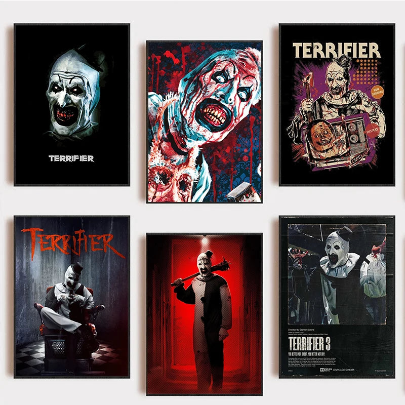 A set of three movie posters featuring the character Terrifier from different films.