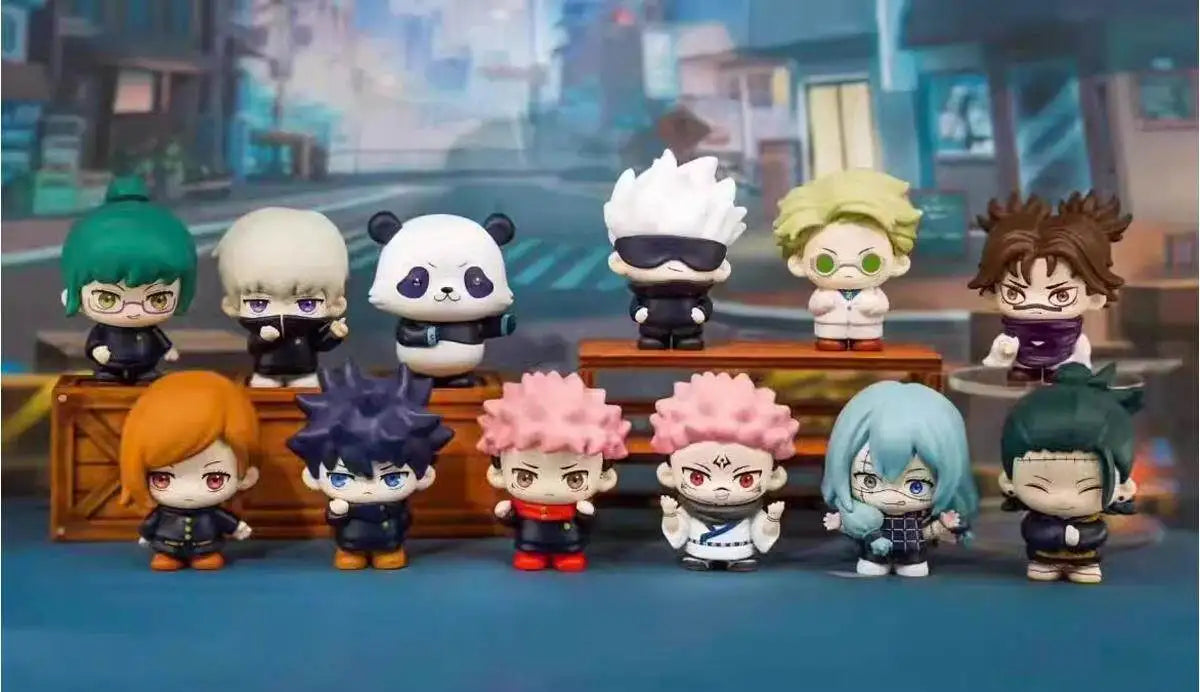 A collection of Jujutsu Kaisen characters including Gojo and Geto figures in various poses and colors.