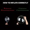 Instructions showing how to inflate a balloon correctly, including warnings about inflating too small and instructions for us