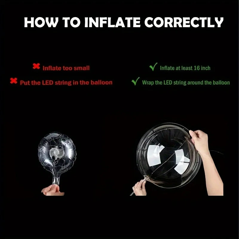 Instructions showing how to inflate a balloon correctly, including warnings about inflating too small and instructions for us