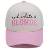 Casquette de baseball rose pâle brodée avec du texte rouge, blanc et blond sur le devant
