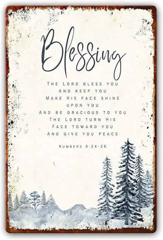 Wall art sign featuring elegant script text of a blessing and a forest silhouette.