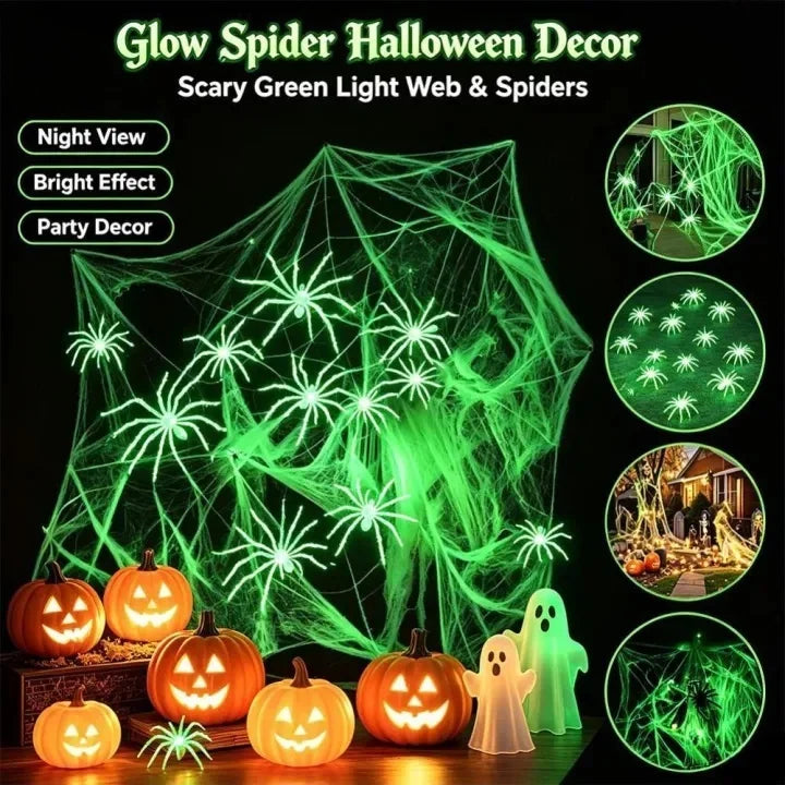 Green glow spider web and fake spiders Halloween decor with pumpkins and ghost figures