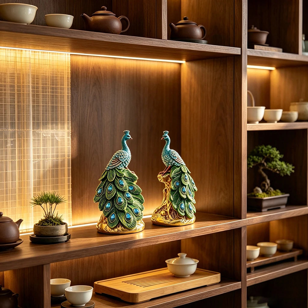 Elegant peacock statue with crystal tail feathers displayed on wooden shelves.