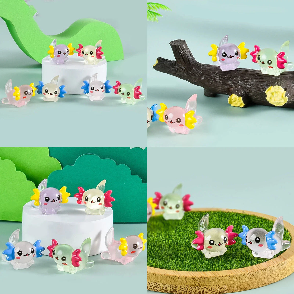 A collection of colorful mini resin axolotl figurines in various colors displayed on a wooden surface and green foliage.