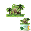 A green silhouette banner featuring dinosaurs and palm trees for a birthday party decoration kit.