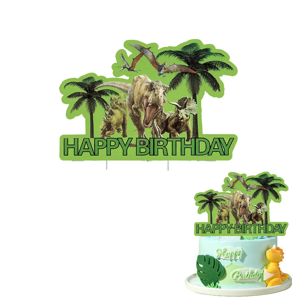 A green silhouette banner featuring dinosaurs and palm trees for a birthday party decoration kit.
