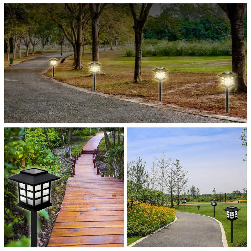 A set of solar pathway lights illuminating a wooden walkway and surrounding landscape.