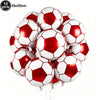 A pack of ten red and white soccer ball balloons used for party decorations.