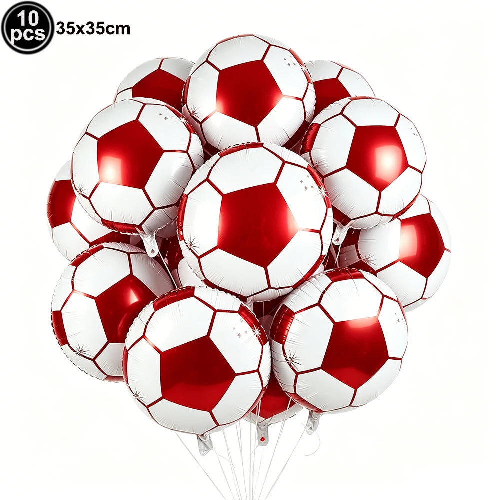 A pack of ten red and white soccer ball balloons used for party decorations.