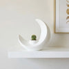 A white, modern moon-shaped decorative vase holding a small green succulent on a white shelf.