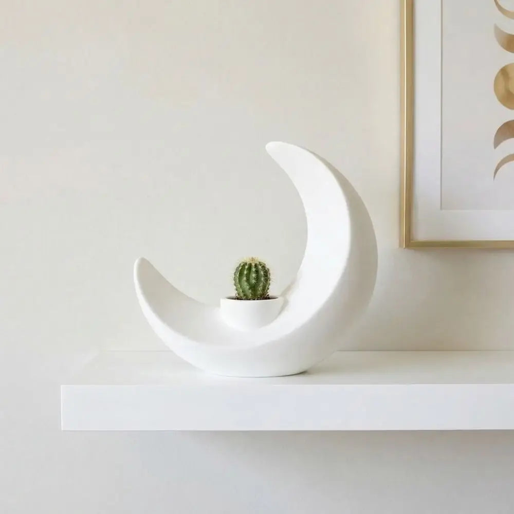 A white, modern moon-shaped decorative vase holding a small green succulent on a white shelf.