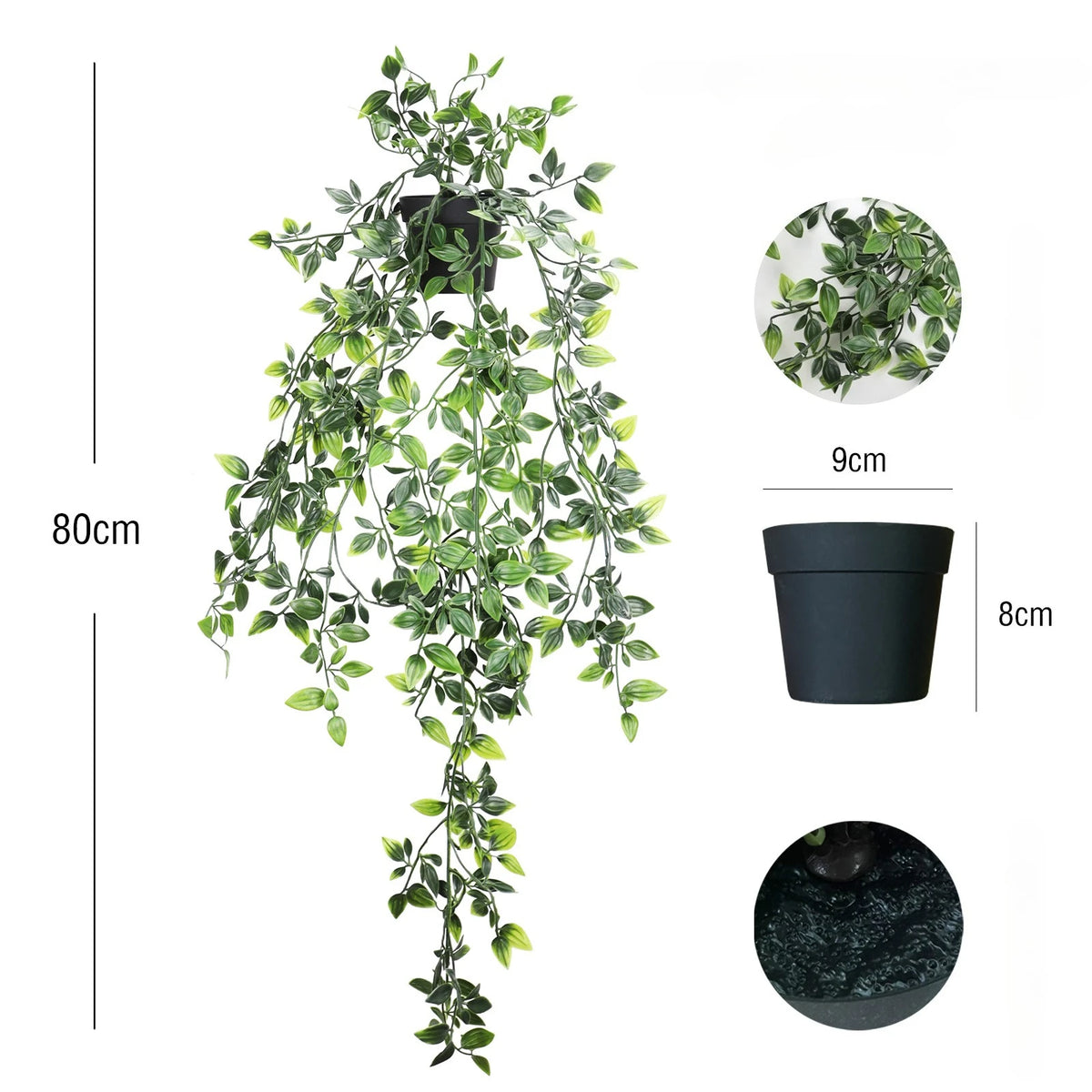 A long, trailing artificial eucalyptus plant with green leaves displayed against a white background.