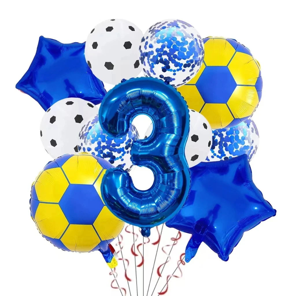 A colorful set of football shaped helium foil balloons in blue, yellow, and white for birthday party decorations.