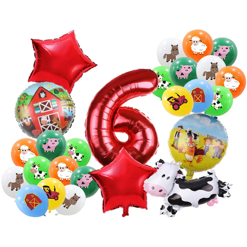 A collection of red and green balloons featuring farm animals like cows, pigs, and horses for a birthday party decoration kit