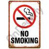 A vintage metal sign with a red border and black text warning against smoking, stating NO SMOKING.