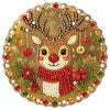 A detailed diamond painting featuring a reindeer head with antlers and festive gold, red, and white embellishments.