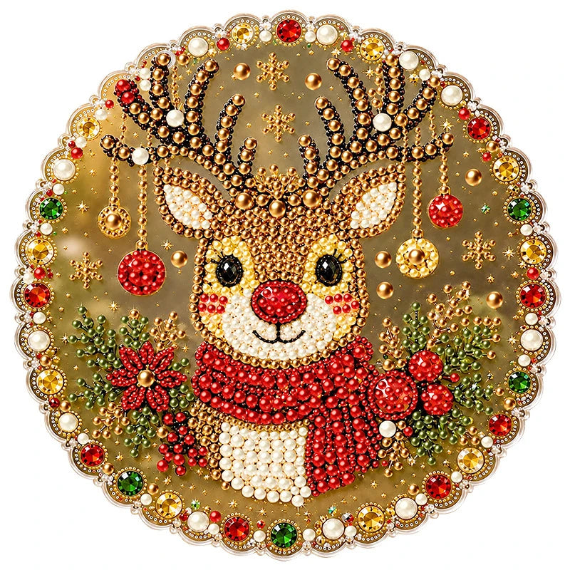 A detailed diamond painting featuring a reindeer head with antlers and festive gold, red, and white embellishments.