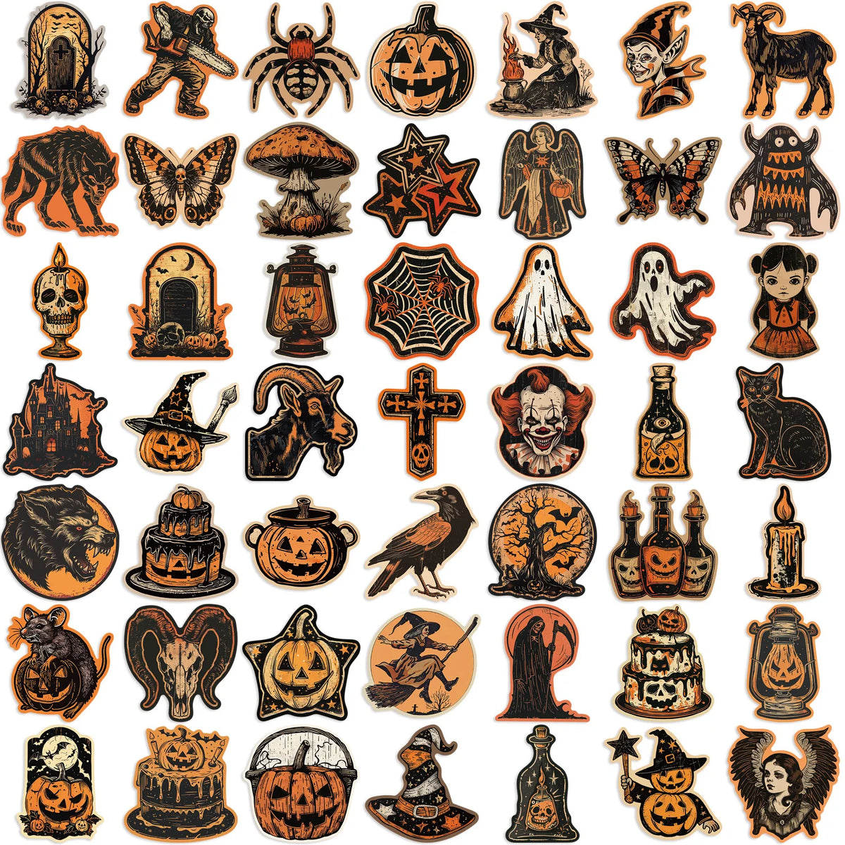 A collection of retro graffiti aesthetic stickers featuring skulls, bats, witches, monsters, and Halloween-themed icons.