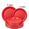 A set of red disposable paper plates, including 7 inch and 9 inch round plates.