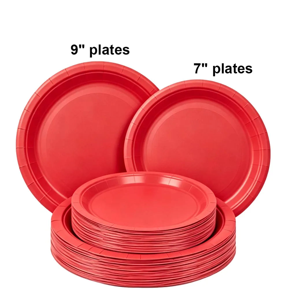 A set of red disposable paper plates, including 7 inch and 9 inch round plates.