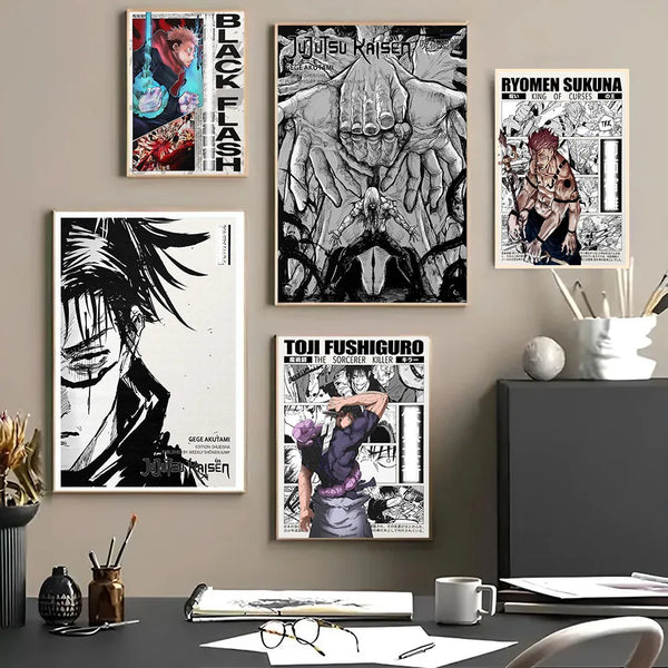 A collection of black and white anime wall art featuring characters from Jujutsu Kaisen including Yuji Itadori and Sukuna
