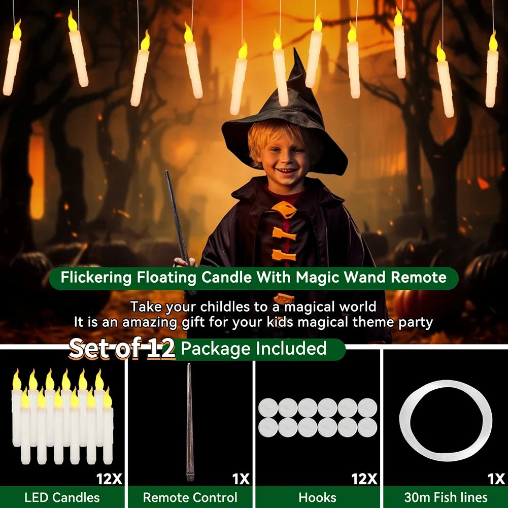 Set of 12 LED floating candles with magic wand remote and hooks for a magical theme party
