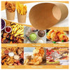 A collection of food items including french fries, fried chicken, potato chips, and dessert served in disposable kraft paper 