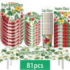 A set of tropical hibiscus party tableware including 9 inch plates, 7 inch plates, cups, and napkins displayed on a tableclot