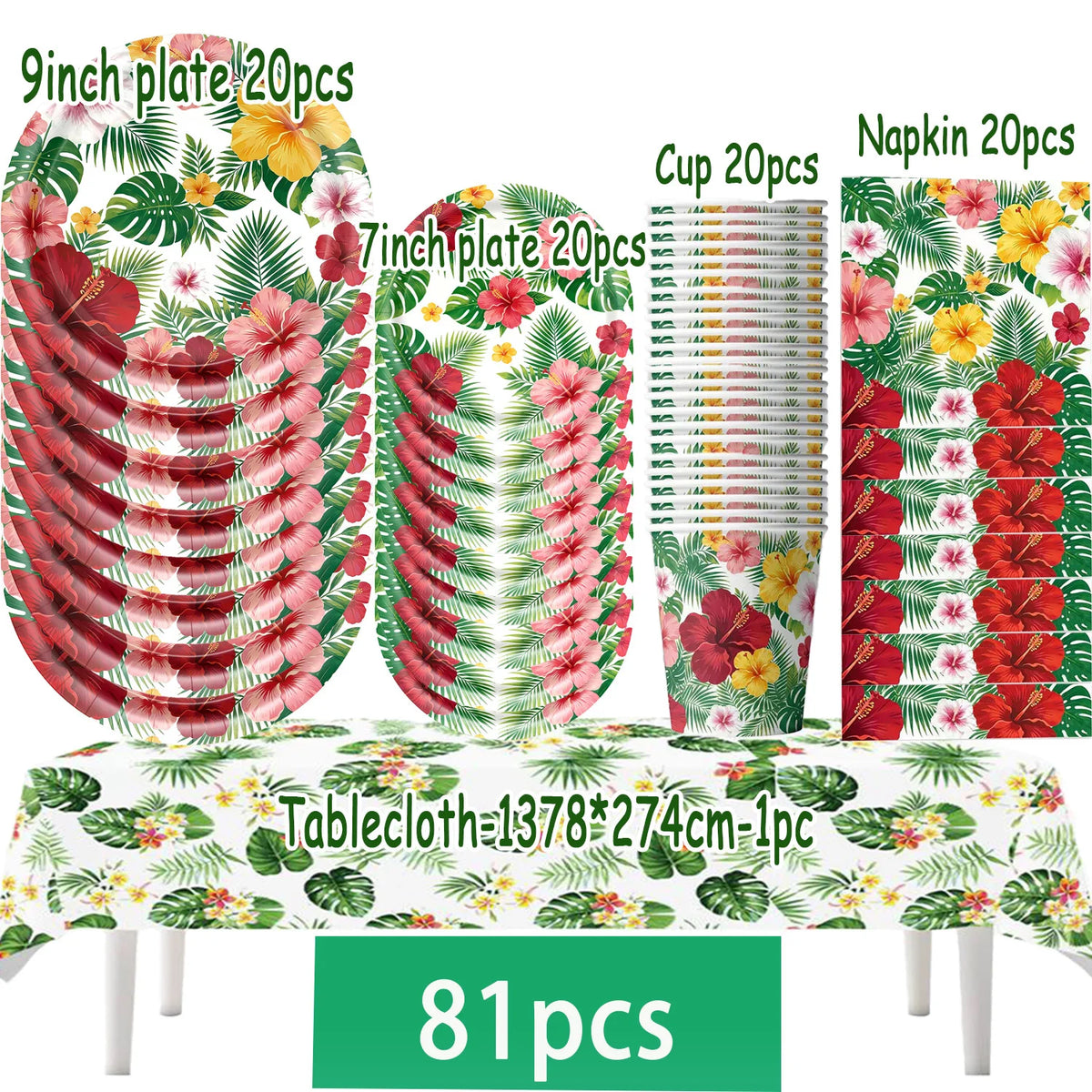 A set of tropical hibiscus party tableware including 9 inch plates, 7 inch plates, cups, and napkins displayed on a tableclot