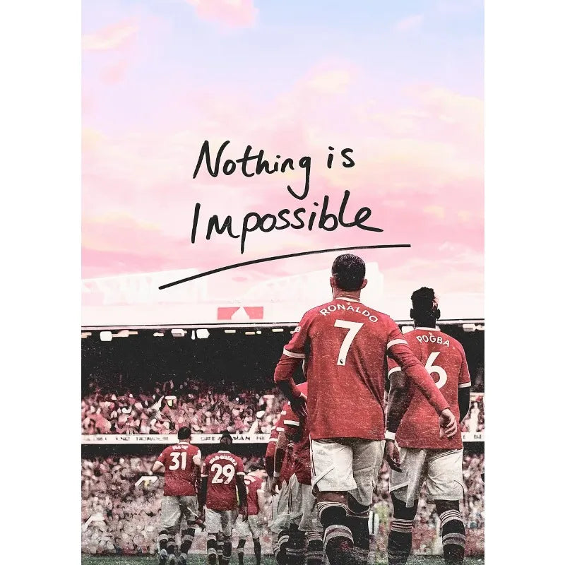 A motivational canvas art featuring a football athlete with the text Nothing is Impossible over a stadium crowd.