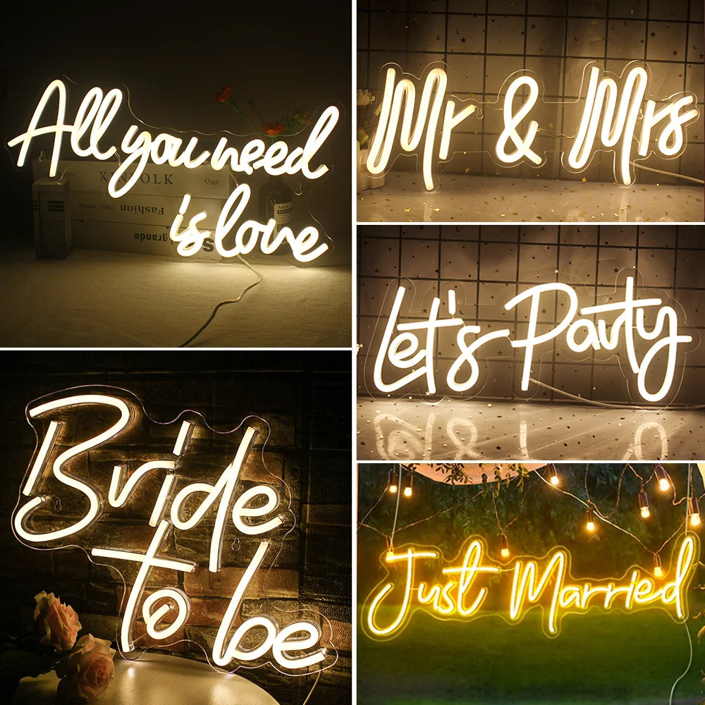 A collage of neon signs featuring phrases like All you need is love, Mr & Mrs, Let's Party, Bride to be, and Just Married.