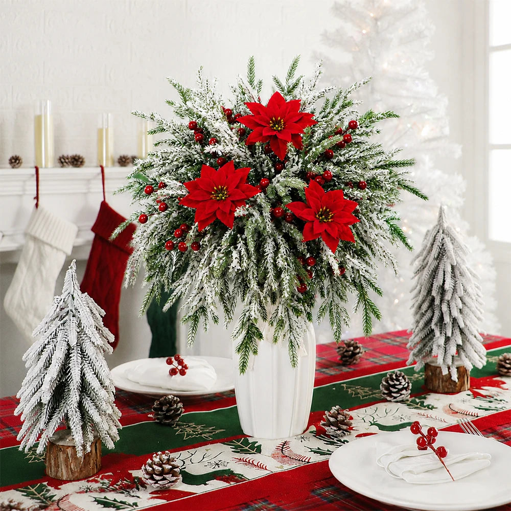 A festive floral arrangement of artificial Norfolk pine branches with red berry stems for holiday decor