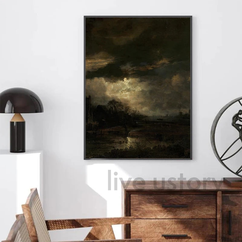 Peinture sombre et mélancolique d'un paysage sous un ciel orageux.