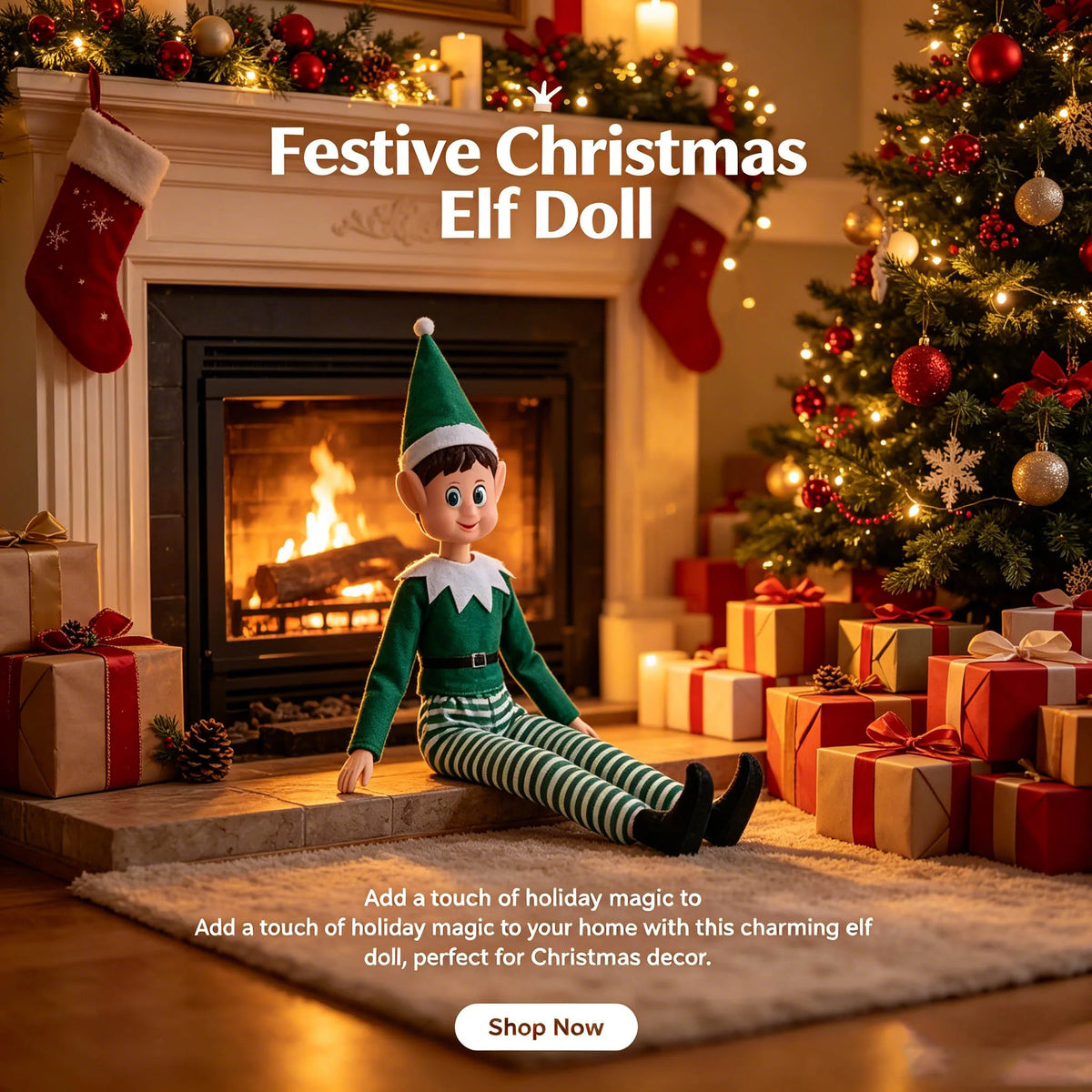 A festive Christmas elf doll sitting in front of a fireplace surrounded by wrapped gifts and a decorated Christmas tree.