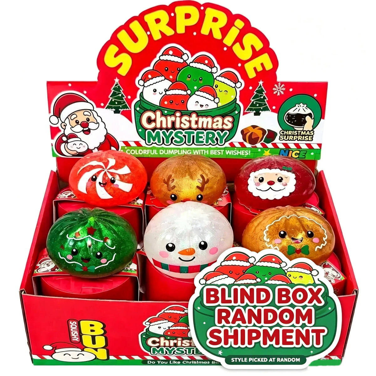 A red box of Christmas mystery blind box containing squishy fidget toys shaped like a snowman, elk, and Santa Claus.