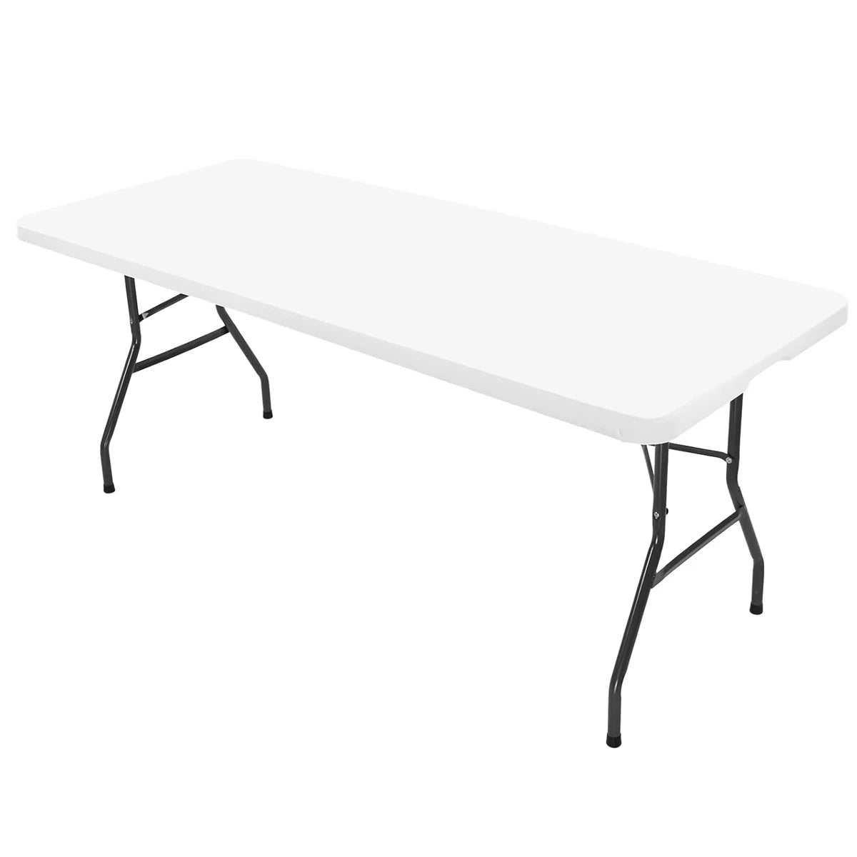 A white stretch spandex tablecloth set displayed on a black metal frame.