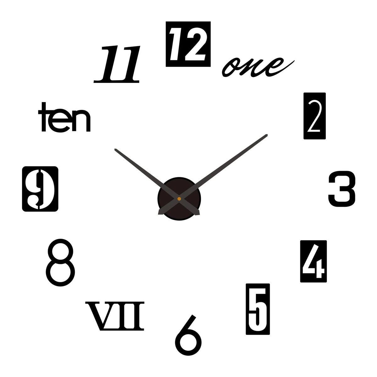 A black and white analog clock face showing the time is approximately 12:00.