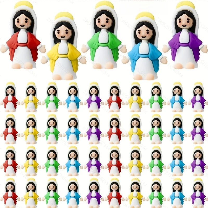 A collection of multicolor mini Virgin Mary statues in various colors and outfits for religious decor.