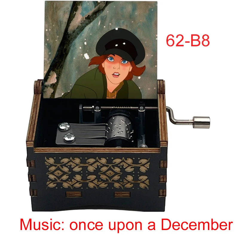 A hand-cranked wooden music box featuring an illustration of a woman, labeled 62-B8.