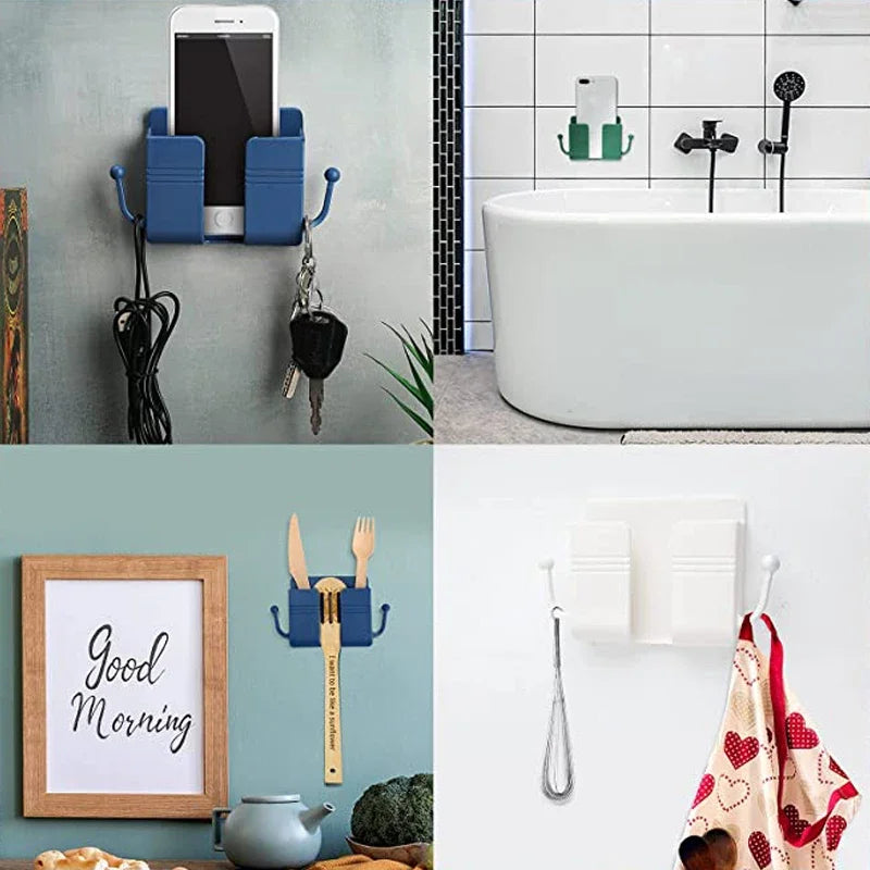 Wall-mounted organizer featuring a phone holder, charging dock, and kitchen utensils on a light blue wall.