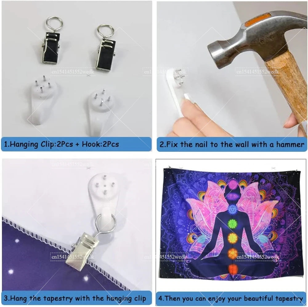 Demonstration of hanging clips and a hammer used to fix a nail, followed by displaying the jellyfish music wizard tapestry.