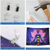 Demonstration of hanging clips and a hammer used to fix a nail to the wall for a UV reactive chakra lotus tapestry.