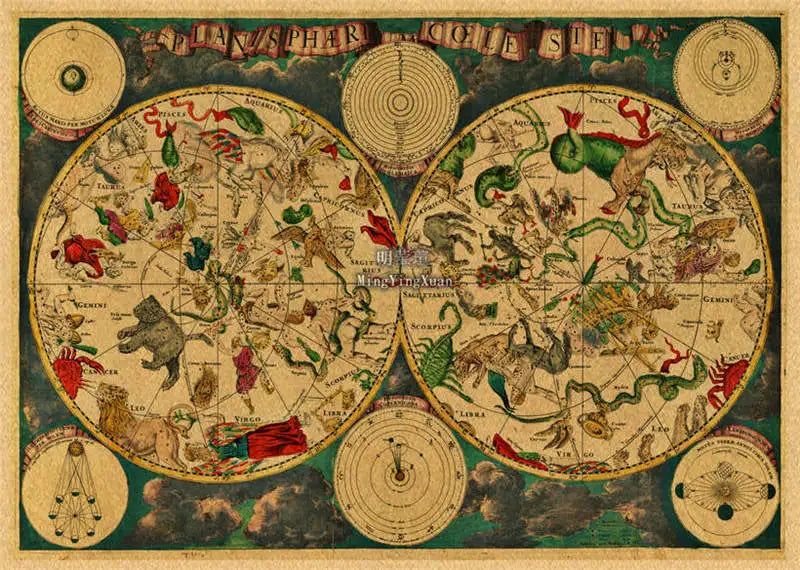 An antique celestial map or astrological diagram featuring various figures and symbols on a parchment background.