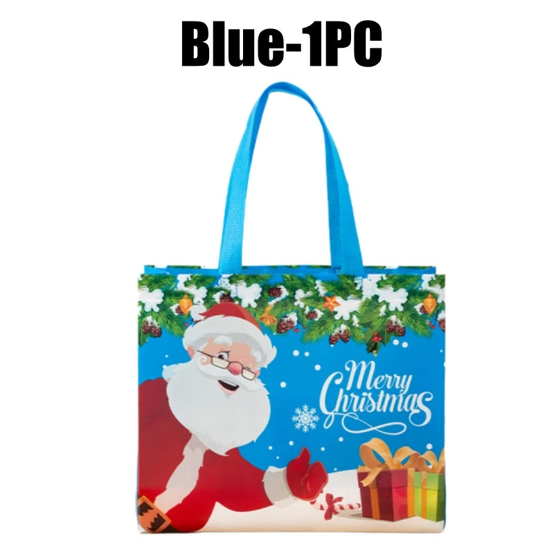 Blue 1PC Merry Christmas gift bag with a festive design featuring Santa Claus and Christmas greenery.